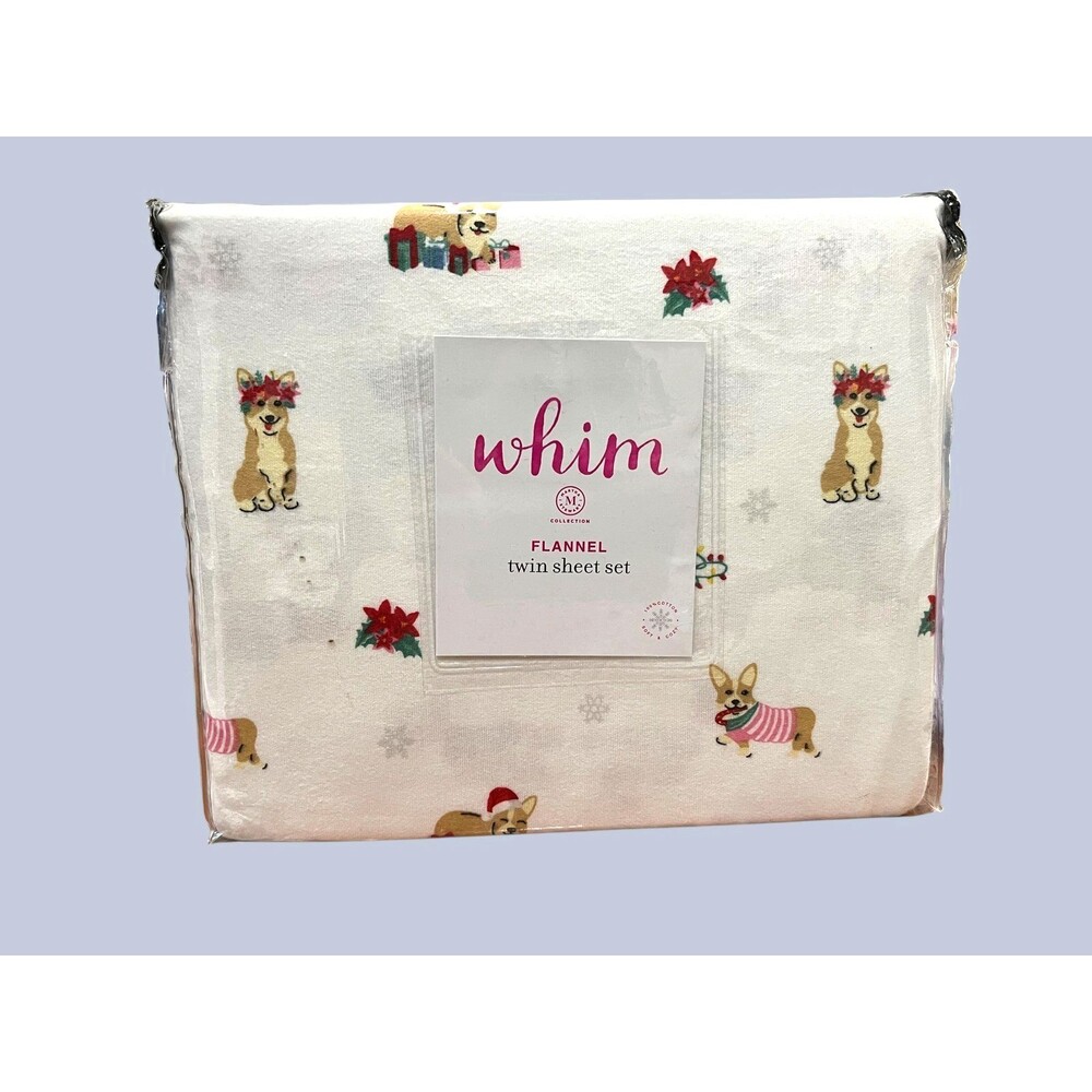 Martha Stewart Whim Collection Christmas Corgi 3-pc Twin Flannel Sheet Set  NIB
